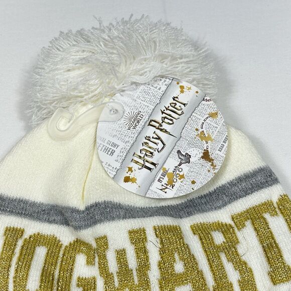 Hogwarts Harry Potter Pompom Ivory Gold Beanie Hat Youth OSFM NWT - Picture 4 of 6